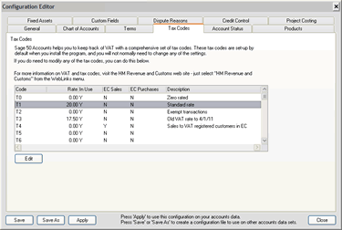 Sage VAT code screen